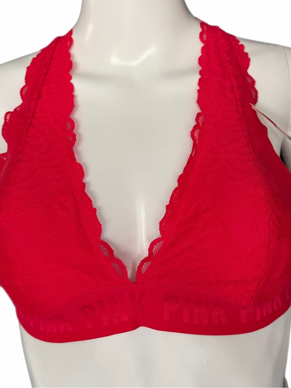Victoria’s Secret PINK Red Lace Bralette Size Large Racerback Logo Band Wireless